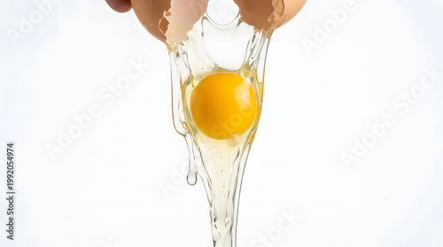 A raw egg cracked mid-air with yolk and egg white flowing against a white background.