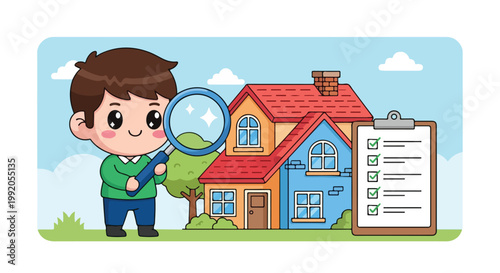 Cute cartoon boy with magnifying glass exploring a colorful house and property for home inspection or real estate