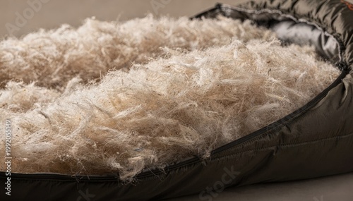 Closeup medium shot of lofty insulation fiber batts filling a sleeping bag emphasizing warmth and lightweight comfort in outdoor gear.