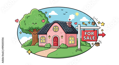 Cute pink house with a garden and a for sale sign in front, surrounded by trees and a bright sky
