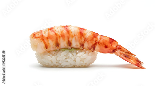 A perfectly crafted shrimp nigiri sushi isolated on a white background with clean minimal styling.
