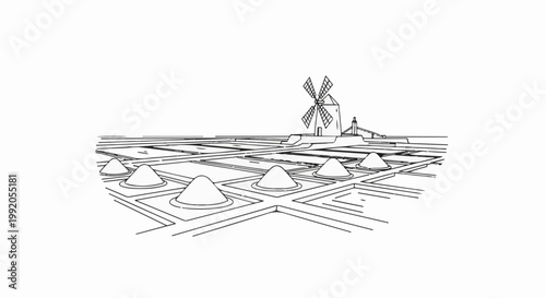 Outline drawing of a traditional windmill and salt pans with conical mounds