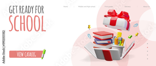 A website page with 3D books, stationery, and an open gift box with a red bow.