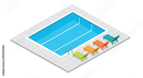 Isometric view of a rectangular swimming pool with lounge chairs