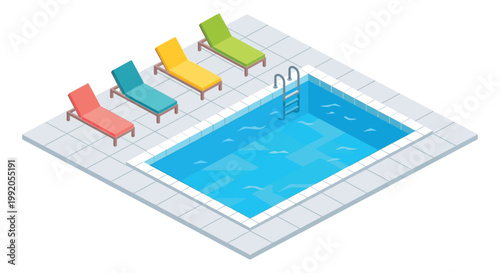 Isometric illustration of a swimming pool with colorful lounge chairs