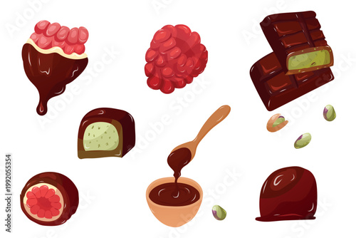 Hand drawn chocolate, raspberry and pistachio element set. Isolated vector illustrations of cocoa spoon, chocolate bars and sweets on white background