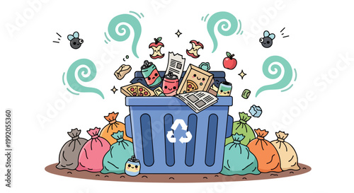 Colorful cartoon illustration of a recycling bin overflowing with various recyclable waste and surrounded by garbage