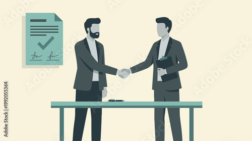Two businessmen shaking hands after successful deal, agreement, and partnership.