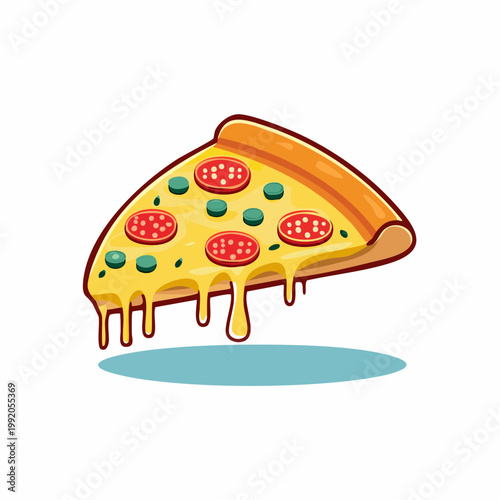 Cartoon slice of pepperoni and jalapeno pizza with melting cheese