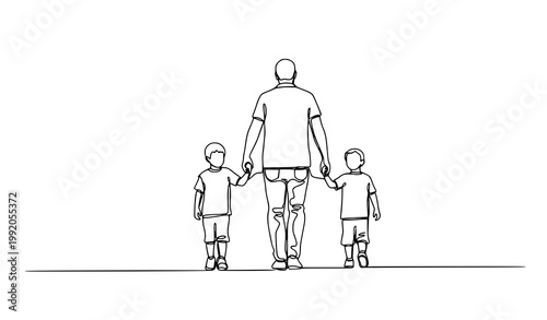 Father Walking with Two Sons Continuous Line Art Fathers Day Vector Illustration
