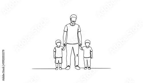 Father with Two Sons Continuous Line Art Family Bonding Fathers Day Vector Illustration