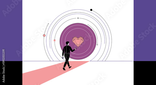 Man Walking Towards Abstract Heart Symbol in Orbit, Concept of Love, Connection, and Goals