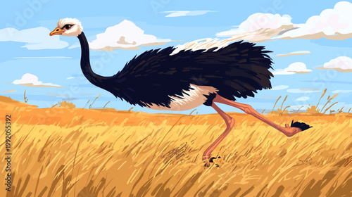 A stylized illustration depicting an ostrich running through tall golden grass under a cloudy blue sky