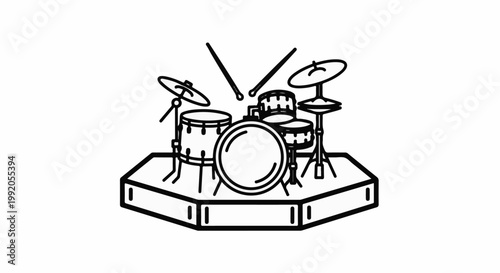 Outline illustration of a drum kit on a stage with sticks