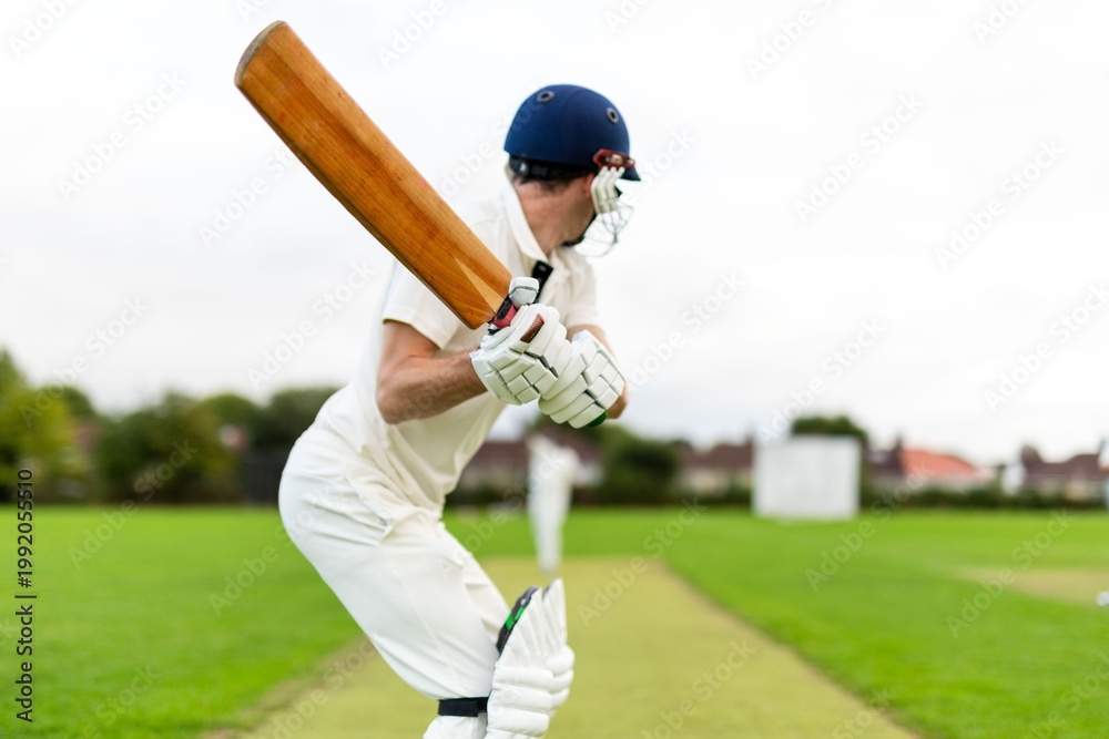 Obraz premium Cricketer poised for powerful swing