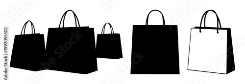 Shopping bag set with black silhouette against white background featuring retail, e‑commerce, merchandise with vector, minimalist and iconography