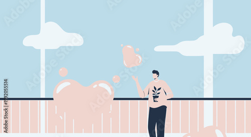 Man with Plant Blowing Bubbles Forming Abstract Heart Shapes Near Window