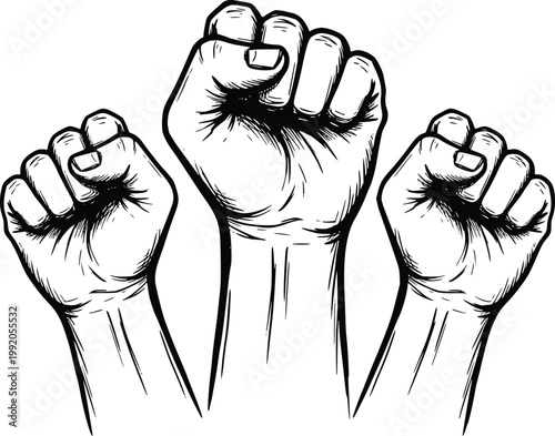 Three Raised Fists Illustration Isolated on White Background