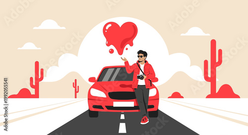 Man with Red Car and Dripping Heart in Desert Landscape