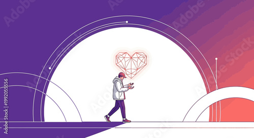 Man with Smartphone and Abstract Geometric Heart, Digital Love Concept, Futuristic Arch Background