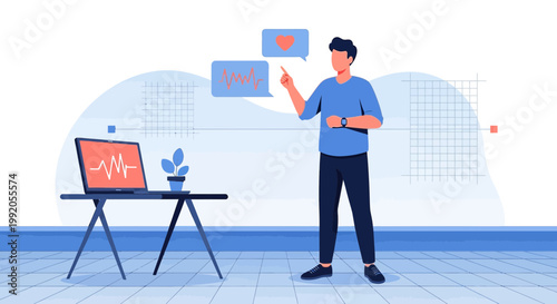 Man with smartwatch presenting health data on laptop and heart icon in speech bubble
