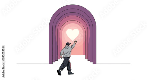 Man Walks Through Archway Towards Glowing Heart Symbol