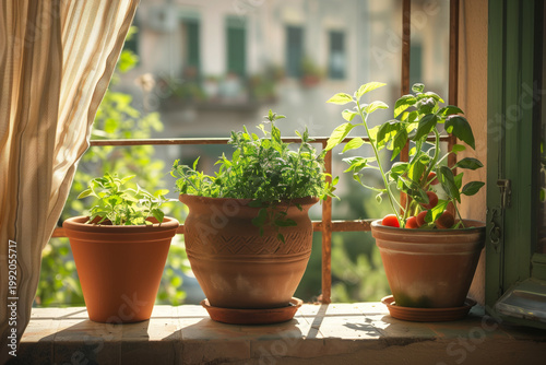 Urban garden trend balcony with potted herbs and tomatoes in natural light for sustainable living and small space gardening concept