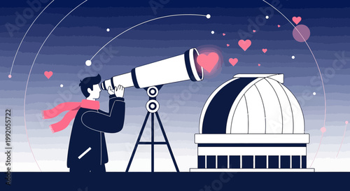 Man with Telescope Looking at Stars and Hearts, Observatory Dome at Night