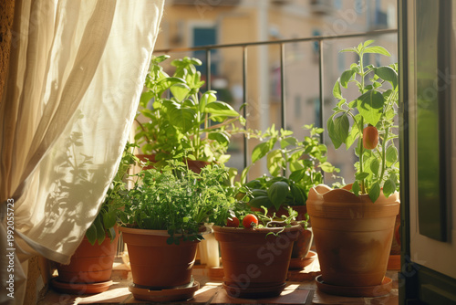 Urban garden trend balcony with potted herbs and tomatoes in natural light for sustainable living and small space gardening concept