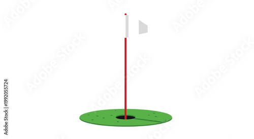 A pristine white triangular flag sits atop a slender red pole marking a golf hole on a vibrant green circular putting surface against white space.