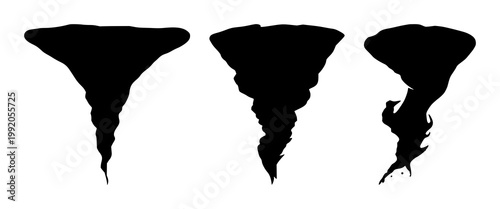 Tornado set with swirling black silhouette against a white background featuring wind, storm, weather with atmospheric and disaster