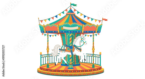 Colorful carousel with a white horse detailed illustration with flags