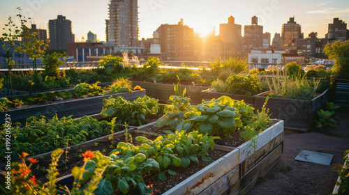 Urban garden trend rooftop with raised beds and vegetables at sunset for sustainable living and urban agriculture concept