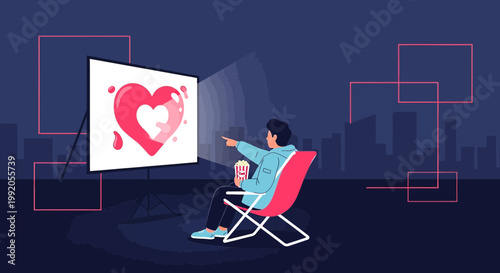 Man watching abstract heart projection on screen, modern city background