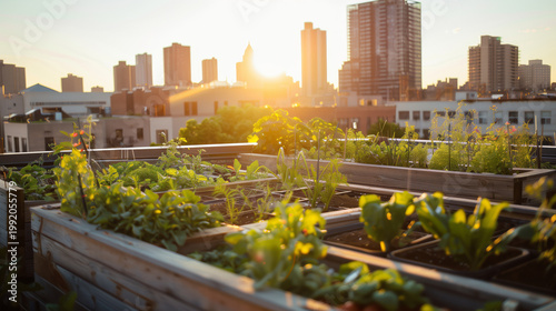 Urban garden trend rooftop with raised beds and vegetables at sunset for sustainable living and urban agriculture concept