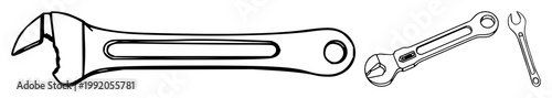 Wrench set with thin black line art on white background featuring engineering tools, mechanical tools, construction gear with illustration and vector
