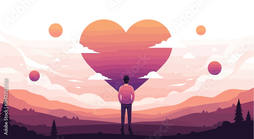 Man Watching Sunset Heart Shape Landscape, Retro Sunset, Love Concept, Abstract Shapes, Digital Art