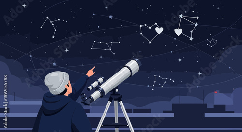 Man with Telescope Observing Constellations and Heart Shapes in Night Sky