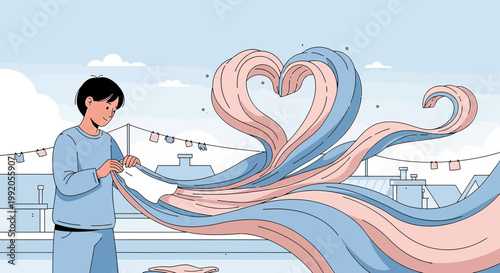 Man Weaving Abstract Heart Shape from Flowing Ribbons