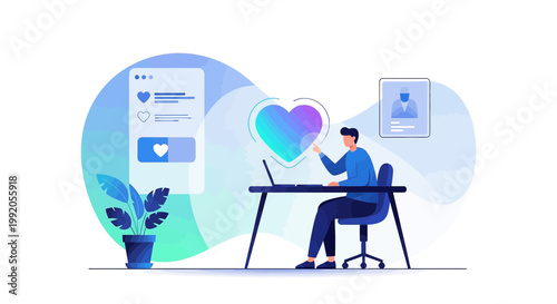 Man Working at Desk with Gradient Heart and Social Media Feed, Digital Art