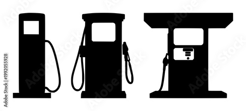 Gas pump set with black silhouette on plain white background featuring fuel dispenser, oil container, automobile instrument panel and traffic signs and pumps and trucks