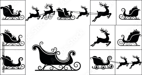 Santa sleigh with reindeer silhouette collection Christmas transport scenes festive holiday isolated vector illustration set