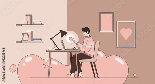 Man working at desk with laptop, sending love, digital connection, remote work, heart icon