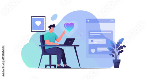 Man working on laptop with abstract heart graphic and social media feed