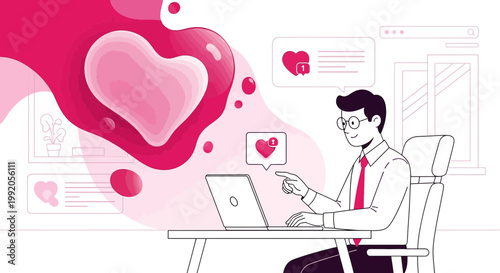 Man working on laptop with abstract pink heart shapes and notifications, online dating concept