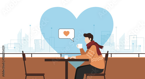 Man with coffee and heart symbol in speech bubble on city background