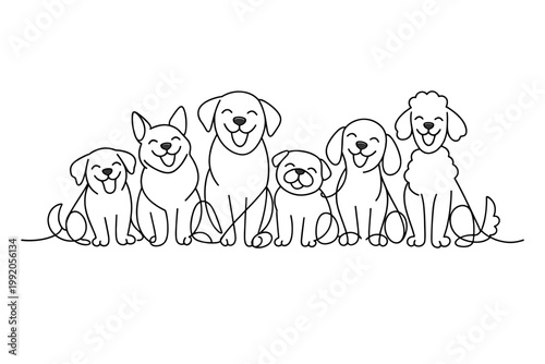 Minimalist continuous line drawing of a group of happy dogs and puppies sitting in a row, featuring various breeds like golden retriever, pug, and poodle, perfect vector art for pet care branding.