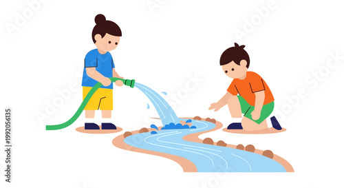 Children playing with water hose outdoors.