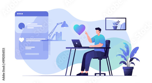 Man working on laptop with abstract heart symbol, online connection, remote work, modern office illustration