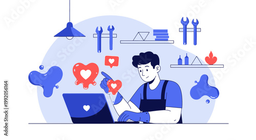 Man working on laptop with digital hearts and likes, online love, digital marketing, social media engagement